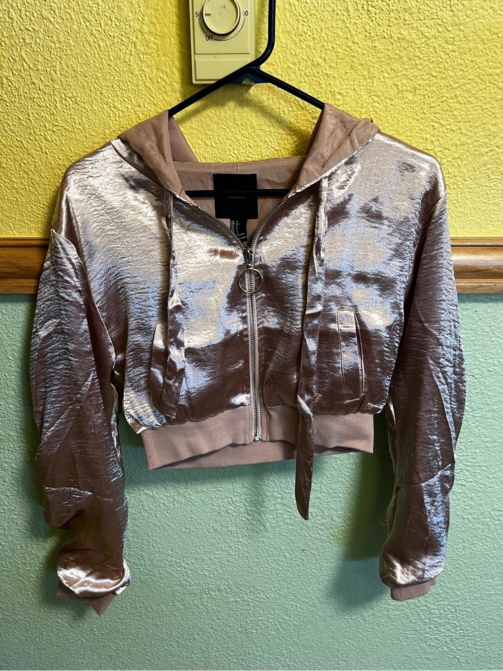 Forever 21 Metallic Silver & Pink Cropped Zip-Up Hoodie Size S | Y2K 2000s